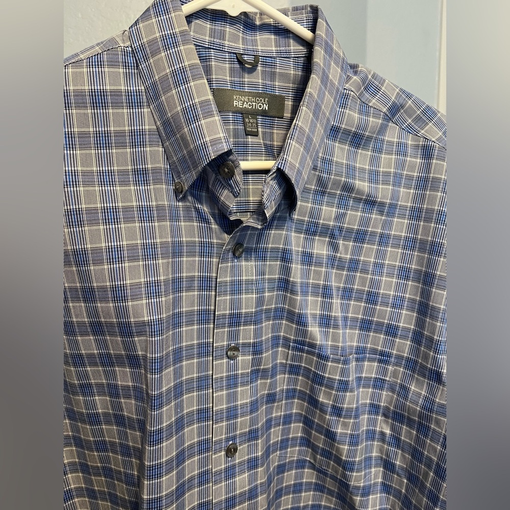 Kenneth Cole Reaction Men’s Plaid Checkered Long Sleeve Shirt Blue Gray EUC